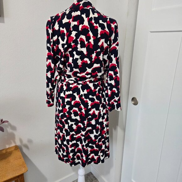 Ann Taylor V-Neck Wrap Dress Navy Red Cream Rayon Spandex Blend - 12P - Picture 5 of 9